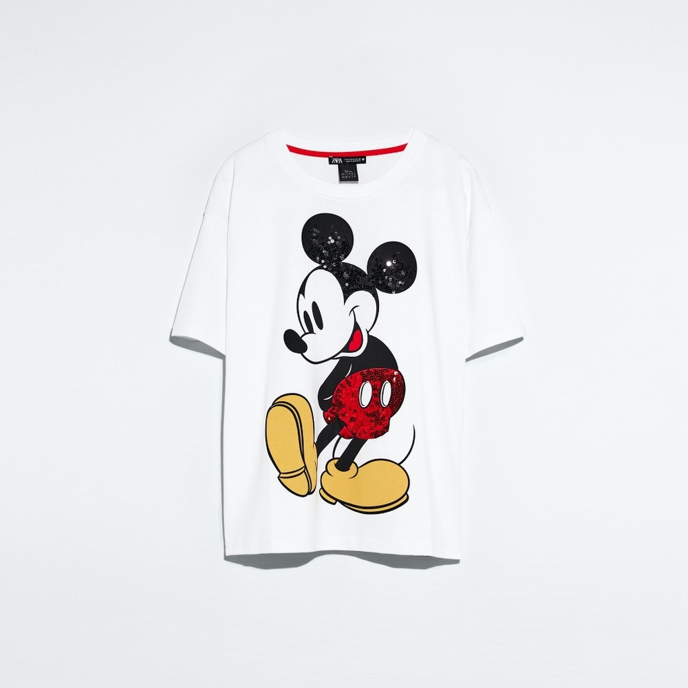 Zara White Mickey Mouse Graphic Tee with Sequin Detail Size M